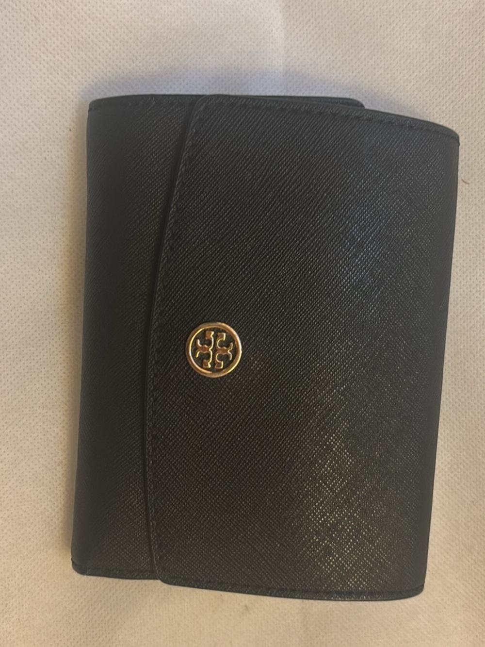 Tory Burch Black Saffiano Leather Folded Wallet with Gold Logo